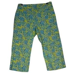 Key West Pants Women's Size‎ 2 Cropped Capri Sea Turtle Print Cotton Lime Green